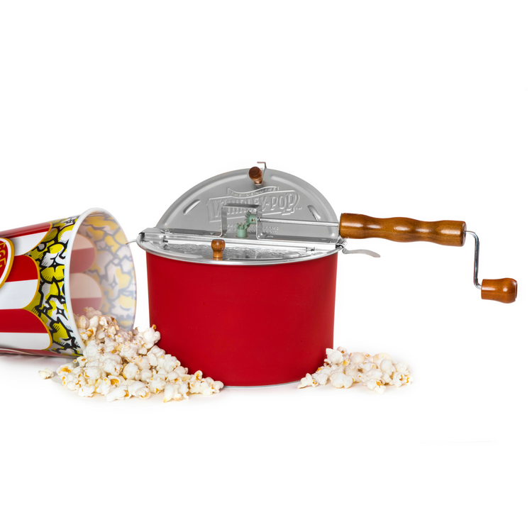 Red Nylon Gear Whirley Pop + 2lb Big and Yellow Popcorn + 2 Large Reusable Popcorn Tubs