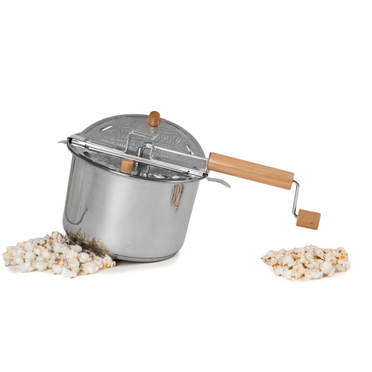 Stainless Steel Whirley Pop + 2lb Big and Yellow Popcorn + 2 Large Reusable Popcorn Tubs