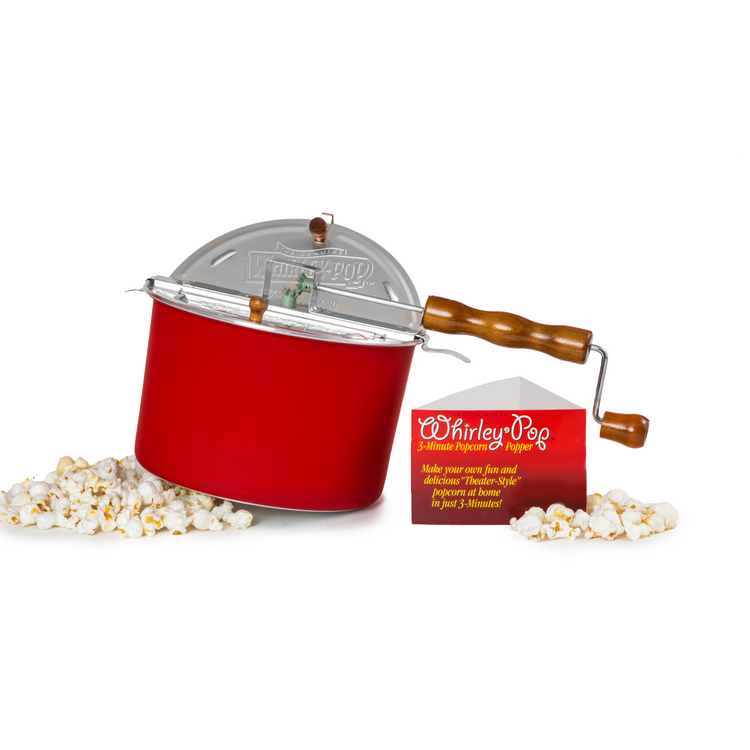 Red Nylon Gear Whirley Pop + 2lb Big and Yellow Popcorn + 2 Large Reusable Popcorn Tubs