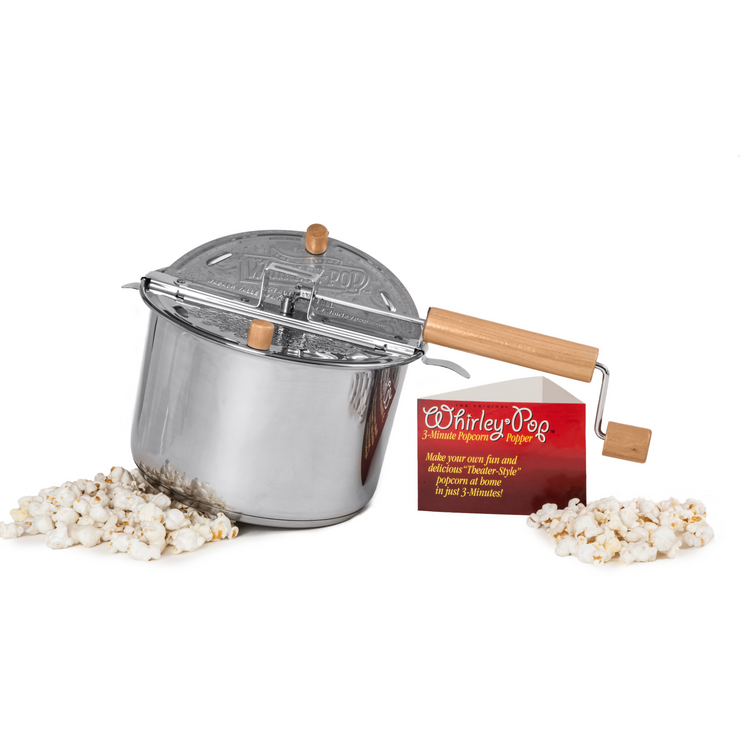 Stainless Steel Whirley Pop + 2lb Big and Yellow Popcorn + 2 Large Reusable Popcorn Tubs