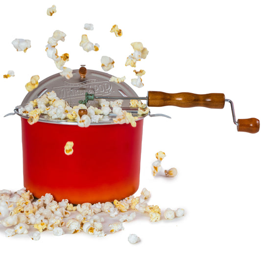 Red Nylon Gear Whirley Pop + 2lb Big and Yellow Popcorn + 2 Large Reusable Popcorn Tubs