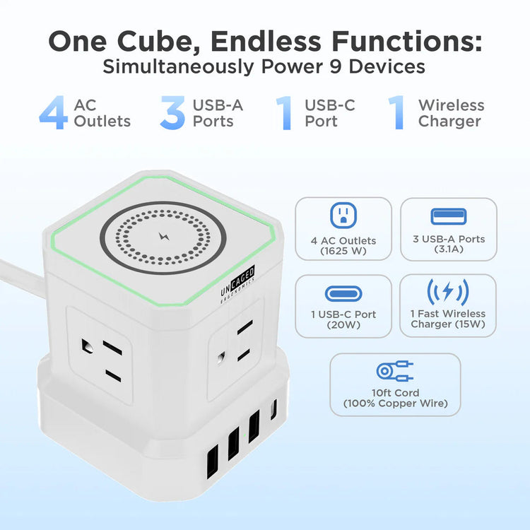 Wireless Charger Cube Power Strip with USB Ports - White