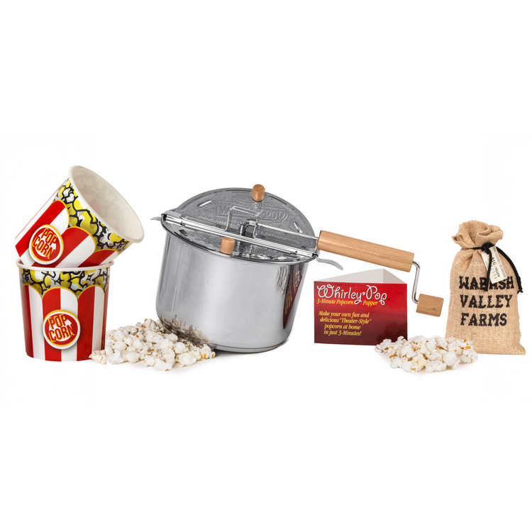 Stainless Steel Whirley Pop + 2lb Big and Yellow Popcorn + 2 Large Reusable Popcorn Tubs