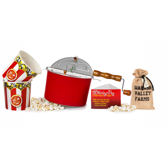 Red Nylon Gear Whirley Pop + 2lb Big and Yellow Popcorn + 2 Large Reusable Popcorn Tubs